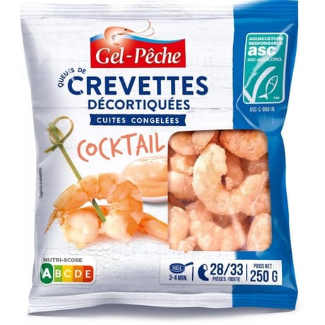 Gel Pêche queues de crevettes décortiquées cuites 28/33 pièces 250g