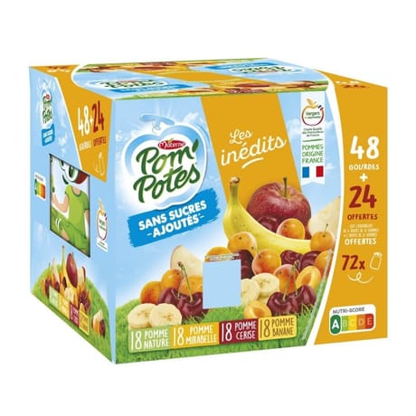 Pom'potes sans sucres ajoutés pomme, pomme cerise, pomme banane, pomme mirabelle 48+24 offertes