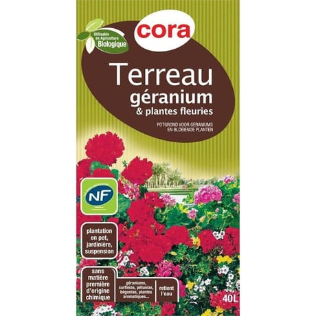Cora terreau géraniums et plantes fleuries utilisable en agriculture biologique 40l