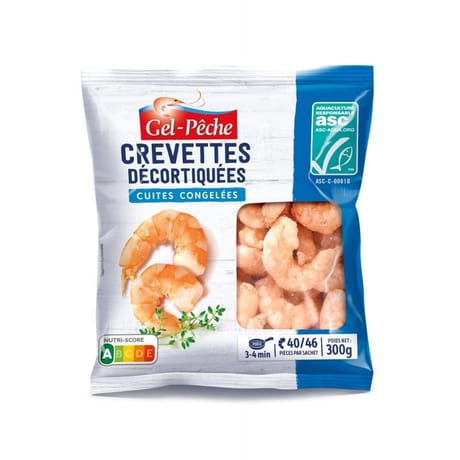 Queues de crevettes décortiquées cuites asc calibre 61/70 sachet 300g