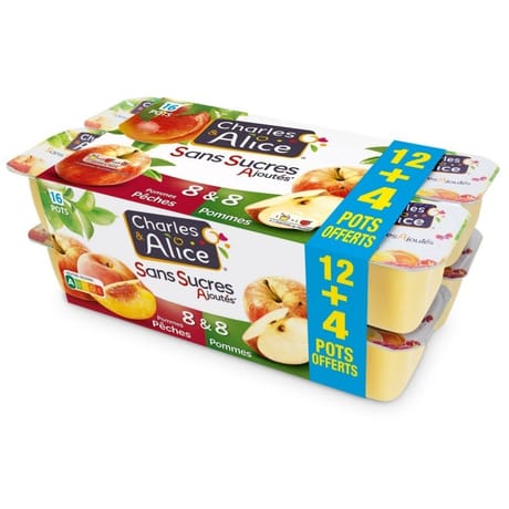 Charles & Alice uf sans sucre ajouté 8 pom + 8 pom pêche 12x100g +4ofts
