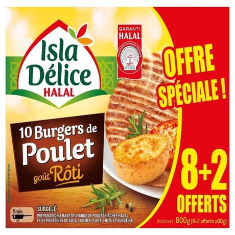 Isla Délice burger de poulet goût rôti halal 8 + 2 offerts 800g