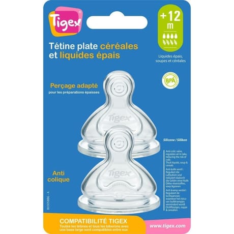 2 tétines silicone base large transition+  +12m Liquides épais céréales Tigex