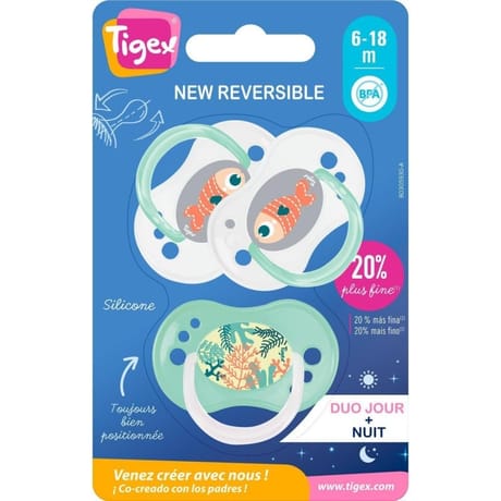 3 sucettes jour/nuit new reversible silicone 6-18 mois mixte Tigex