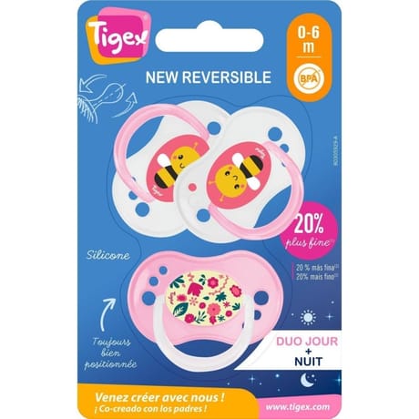 3 sucettes jour/nuit new reversible silicone 6-18 mois fille Tigex