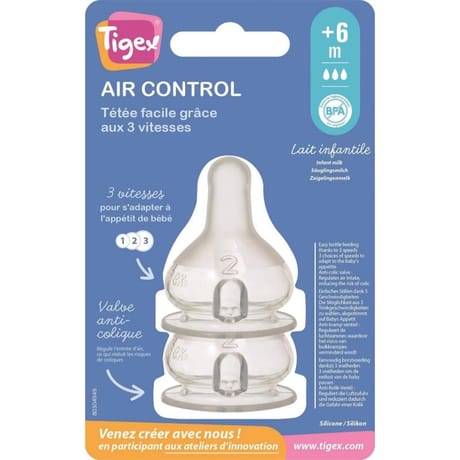 Lot de 2 tétines silicone + 6 mois lait/eau air control col étroit Tigex