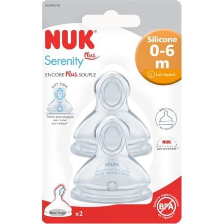 2 tétines physiologiques silicone lait épais 0-6mois air system col large Nuk