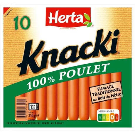 Herta knacki 100% poulet fumage traditionnel au bois de hêtre x10 350g