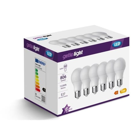 Gétic ampoule LED A60 smd équivalent 60W E27- 2700k lot de 6 174g