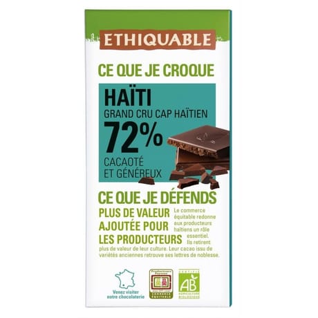 Ethiquable chocolat noir 72% cacao d'Haiti bio 100g