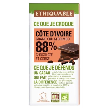 Ethiquable chocolat noir 88% cacao Bolivie bio 100g