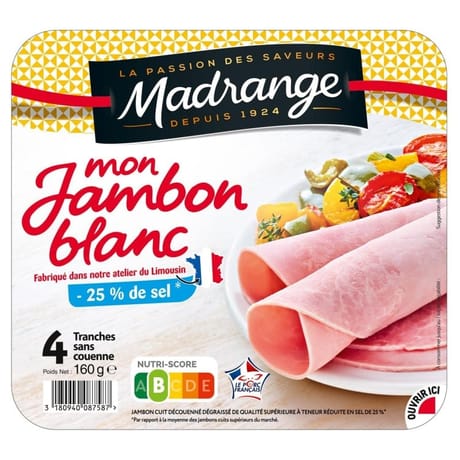 Madrange mon jambon blanc -25% de sel découenné dégraisse 4 tranches 160g