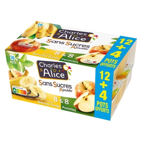 Charles & Alice sans sucre ajouté 8 pommes + 8 pommes banane 12x100g +4 offerts