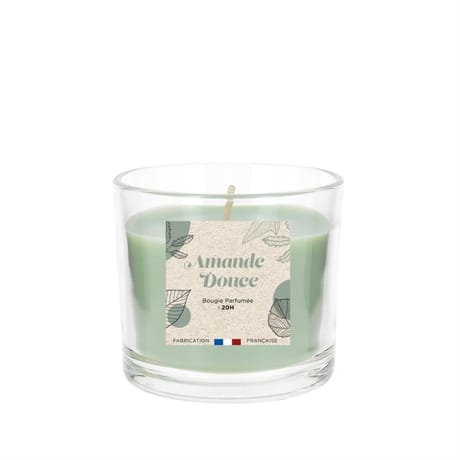 Verre transparent rempli de bougie cire coloree 100 grs - parfum amand