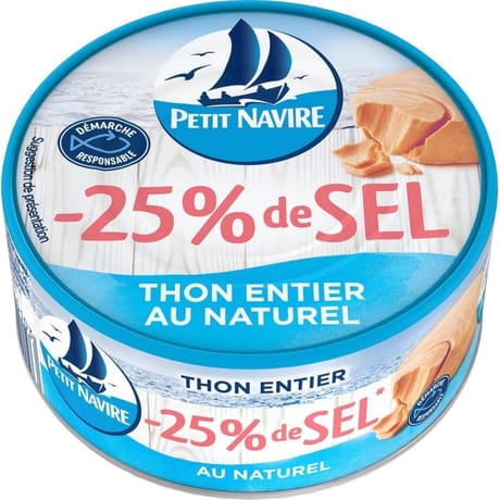 Petit Navire thon entier naturel 25% de sel démarche responsable 112g