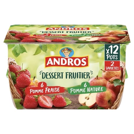 Andros dessert de pomme nature et pomme fraise 12x100G