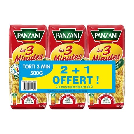 Panzani torti cuisson rapide 2x500g + 1 paquet offert 1500g