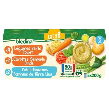 Bledina pots légumes poulet carottes dinde pommes de terre colin 8x200g