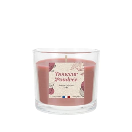 Verre transparent rempli de bougie cire coloree 100 grs - parfum douce