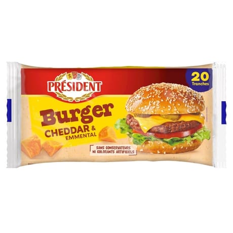 Président 20 tranches burger cheddar emmental 340g