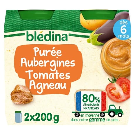 Bledina pots purée aubergines tomates agneau 2x200g