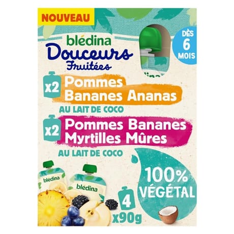 Blédina gourdes fruits douceurs fruitées 100% végétal 2 pommes bananes 360g