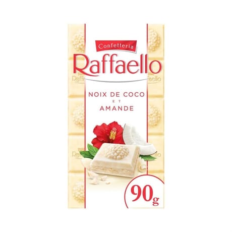 Raffaello tablette chocolat blanc fourrée noix de coco et amande 90g