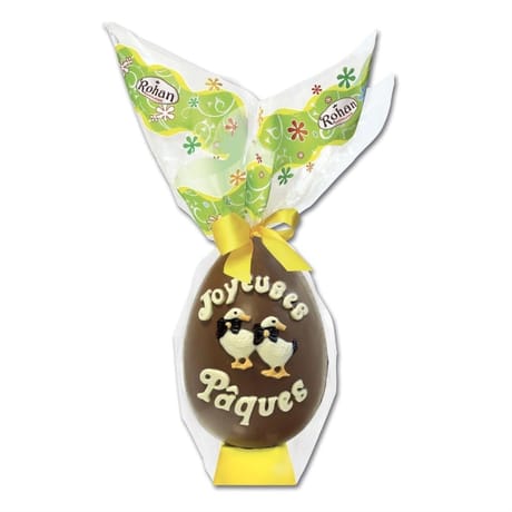 Rohan oeuf flamme chocolat lait décoré oies et joyeuses pâques x1-600g