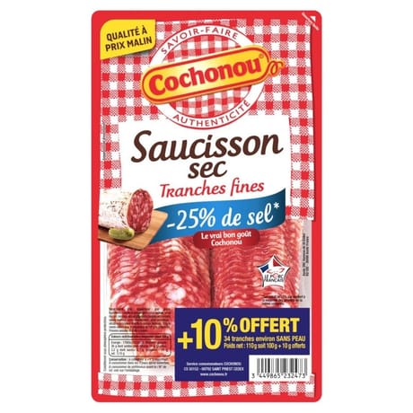 Cochonou saucisson sec -25%sel tranches fines +10% offert 110g