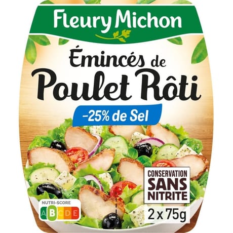 Fleury michon émincés de poulet rôti -25% de sel conservation sans nitrite 2x75g - 150g