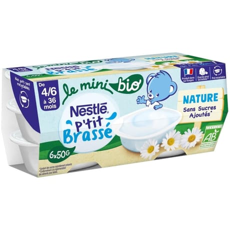 Nestle P'tit brasse bio mini nature sans sucre ajoutes 6x50g des 4/6