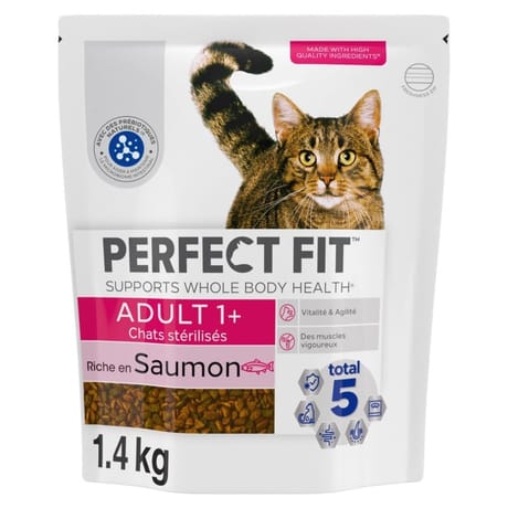 Perfect fit adult 1 + croquettes riche en saumon frais chat adulte stérilisé 1400g