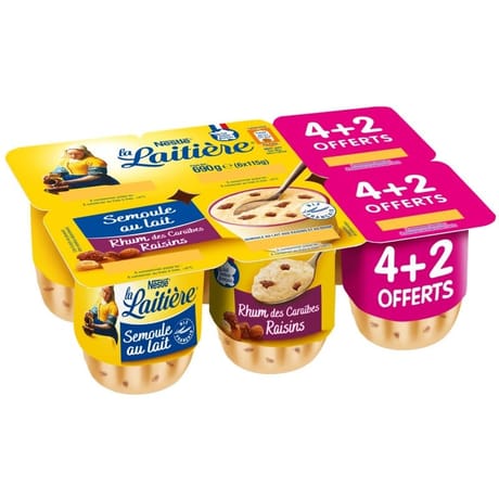 La Laitière semoule au lait rhum raisins 4x115g +2 offerts