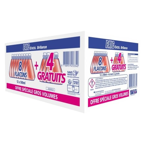 Paic excel plus liquide vaisselle brillance 8x500ml+4grt