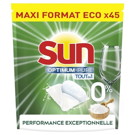 Sun capsule lave vaisselle optimum pure tout en 1 bicarbonate de soude 0% x45