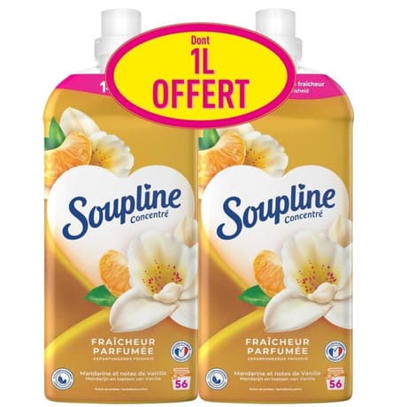 Soupline concentré adoucissant fraîcheur parfumée mandarine & vanille 2x1.28l