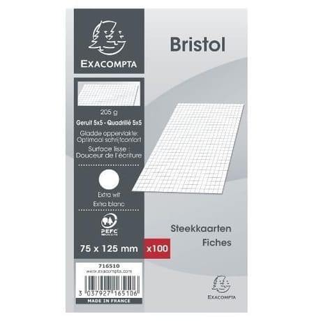 Exacompta  100 fiches bristol blanches non perforées 75*125 5*5