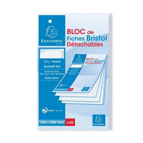 Exacompta bloc 40 fiches bristol blanches pérforées 125x200 5x5