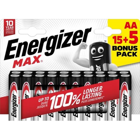 Energizer piles alcalines aa/lr06 max, paquet de 15 piles + 5 gratuites 460g