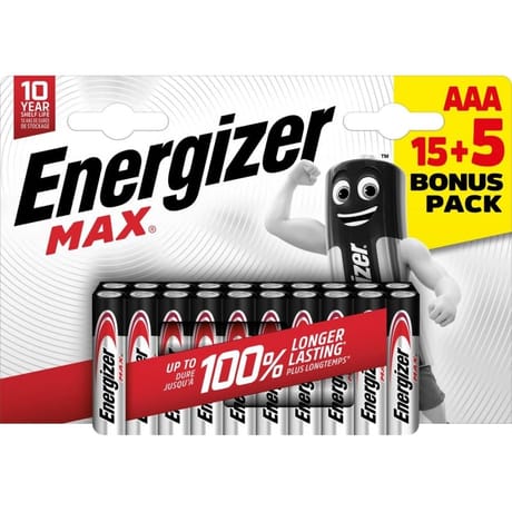 Energizer piles alcalines aaa/lr3 max, paquet de 15 piles + 5 gratuites 220g