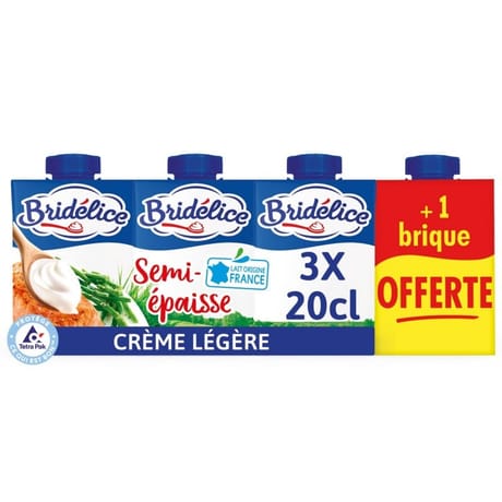 Bridelice crème semi-épaisse légère 18% mg 3X20 cl + 1 brique offerte