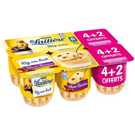 La Laitière riz au lait rhum raisins 4x115g + 2 offerts