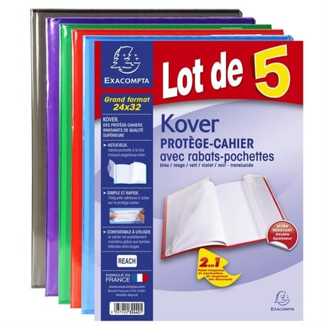 Exacompta kover lot de 5 protège-cahiers translucides couleurs assorties 240x320