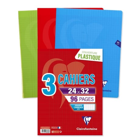 Clairefontaine 3 cahiers piqure 24x32 cm 96 pages grands carreaux 90 grammes