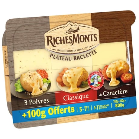 Richesmonts Raclette plateau assortiments 3 saveurs poivre nature et lait montagne 700g+100g offerts