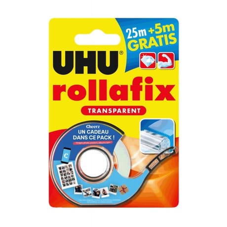 Uhu rollafix transparent dévidoir 25mx19mm + 5m offert