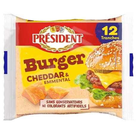 Président 12 tranches burger cheddar et emmental 200g