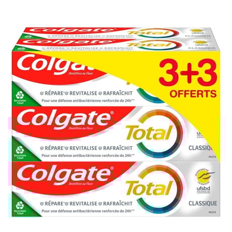 Colagte total dentifrice 24h defense classic 6x75ml 3+3 gratuits