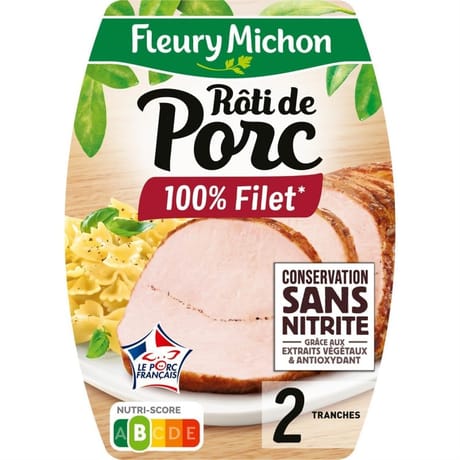 Fleury Michon rôti de porc cuit 100% filet sans sel nitrite 2 tranches 90g