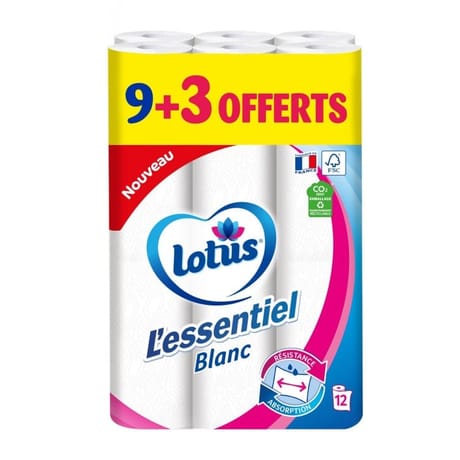Lotus l'essentiel blanc essuie tout 12 rouleaux (9+3)